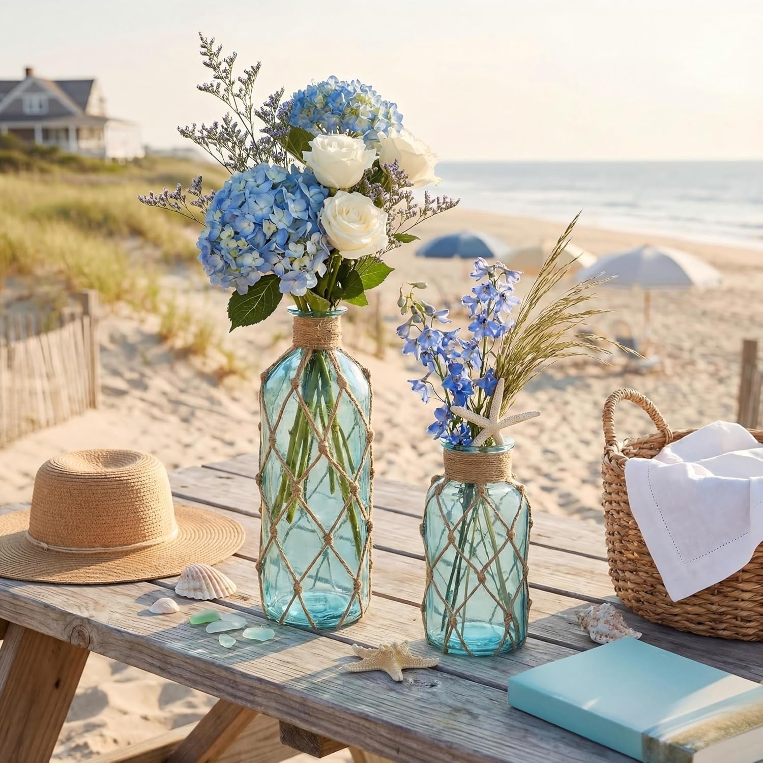 set-of-2-coastal-glass-flower-vase-with-boho-rope-light-blue-coastal-vase-small-sea-glass-jar-nautical-beach-bottle-for-wedding-table-centerpieces-floral-arrangement-decor