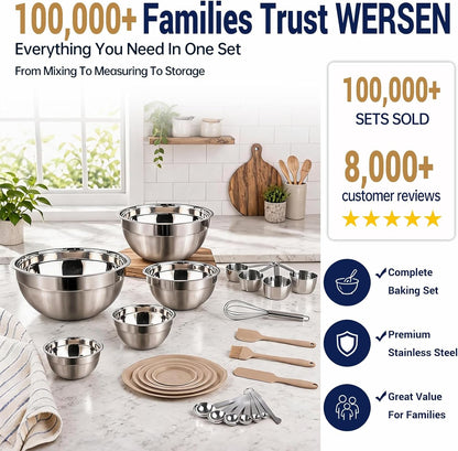 Mixing Bowls Set, 25PCS Khaki Mixing Bowls with Lids Set Stainless Steel Kitchen Large Nesting Metal Bowl 7QT to 1.5QT, Measuring Cups and Spoons for Prepping Cooking Serving2