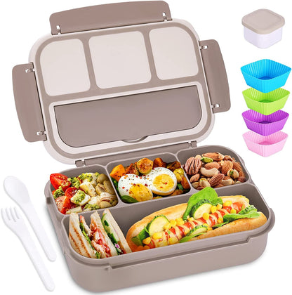 Bento Box Adult Lunch Box, Containers for Adults Men Women with 4 Compartments, Lunchable Food Container with Utensils, Sauce Jar, Muffin Liners, 40 Oz/5 Cup, Microwave & Dishwasher Safe, Brown1