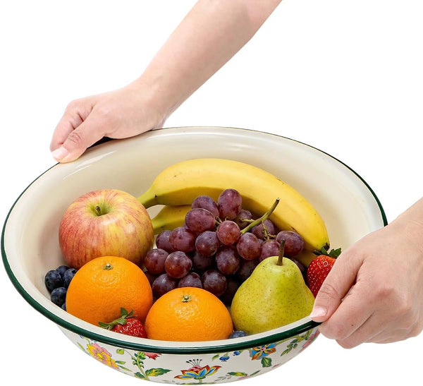 2 Pack Vintage Enamel Mixing Bowls, 11.8 Inch Primitive Enamelware Basin for Fruit, Salad, Pasta, Dough Making, 3.6 Quart Enamel Washing Bowl Serving Tray for Camping, Kitchen, Farmhouse Decor4