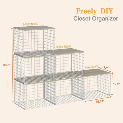 Extra-Long Closet Organizers and Storage with Top Board, 3 Pack Stackable Closet Shelf Organizer, Double Storage Design, Clothes Storage Cube/Bin/Basket for Wardrobe, Space-Saving, White,Sturdy,Metal3