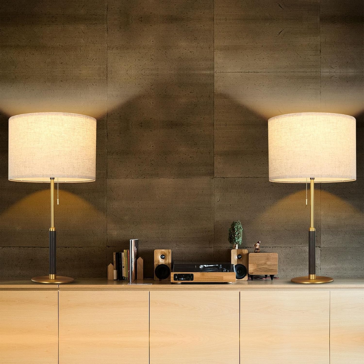 26-4-set-2-pull-chain-table-lamp-modern-mid-century-bedside-lamps-for-living-room-end-tables-3-color-light-for-bedroom-solid-wood-metal-fabric-lamp-for-home-office-desk-light-brown-brass