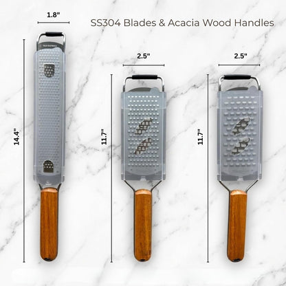 3-Piece Stainless Steel Cheese Grater & Zester Set W/Acacia Wood Handles – for Parmesan, Lemon Zest, Ginger, and Spices3