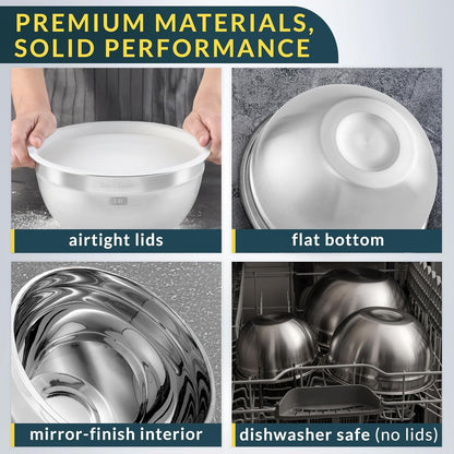 Stainless Steel Mixing Bowls with Lids Set of 5, Nesting Metal, 0.5-5 Qt5