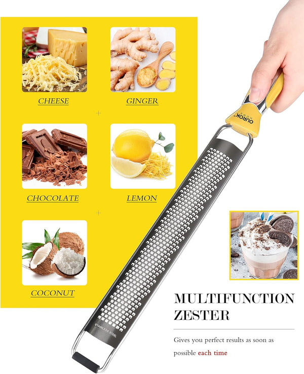 Kitchen Lemon Zester, Stainless Steel Hand Held Parmesan Cheese Grater for Ginger, Chocolate, Coconut, Lime, Nutmeg, Citrus, Fruit, Vegetable with Cleaning Brush, Dishwasher Safe, Yellow3