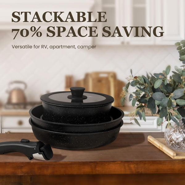 Nonstick Pots and Pans Set - 20 Pack  Stackable Cookware Set with Detachable Handle, RV Kitchen Cooking Set with Removable Handles - Oven Safe, Induction Ready (Black)8