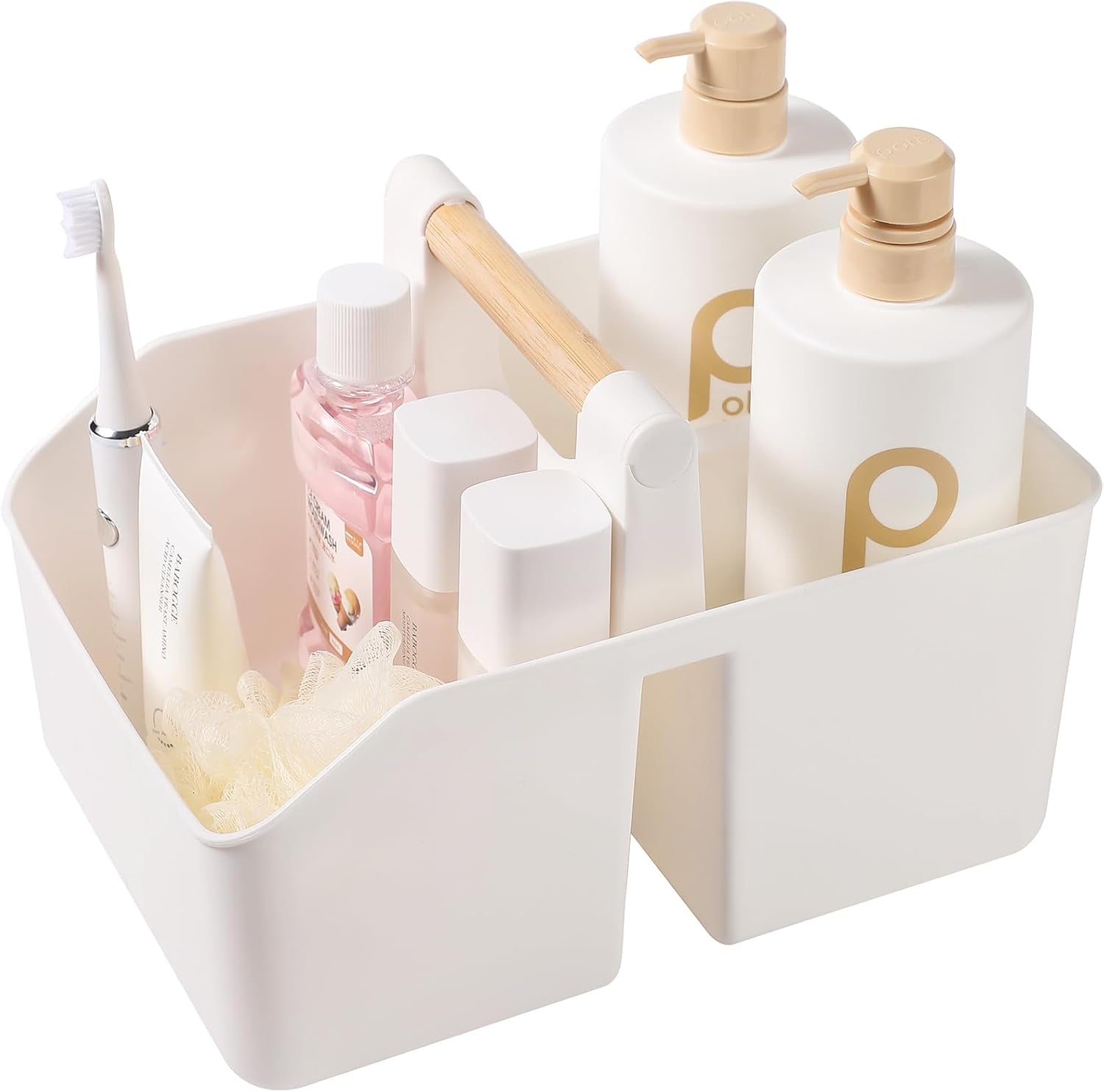 plastic-shower-caddy-portable-basket-with-bamboo-handle-white
