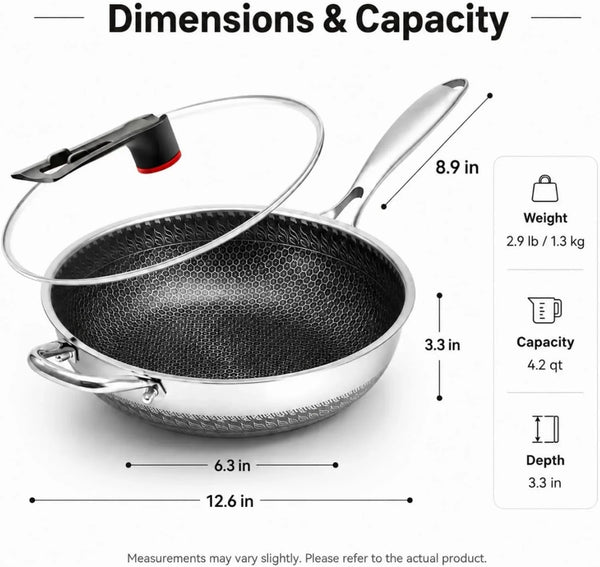 Stainless Steel Wok Pan with Lid, 12.6 Inch Honeycomb Hybrid Nonstick Stir Fry Pan, Tri-Ply Clad Skillet for Induction Electric Gas Stove, Dishwasher Safe, No Seasoning Needed (Serves 3-4)2