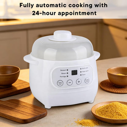 White 1L Mini Slow Cooker with Steamer Basket, 24-Hour Timer and Automatic Keep-Warm Function, 200W Smart Ceramic Electric Slow Cooker, Kitchen Cooking Appliance6