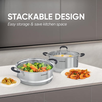 : 2-Tier Stainless Steel Steamer Pots - 3.1 Quart - Tempered Glass Lid, 3-Ply Bottom, Vegetable-Dumpling-Food Cookware, Dishwasher & Oven Safe | Steaming Pot with Glass Lid & Steamer Basket8