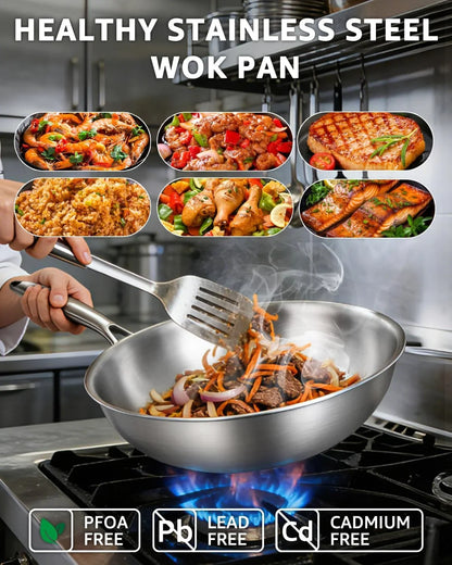 13 Inch Tri-Ply Stainless Steel Wok Pan, Uncoated Wok for Stir Fry | PFOA/PFOS Free, Heavy-Gauge Flat Bottomed Cookware, Suitable for Induction & Electric Stoves, Detachable Handle4