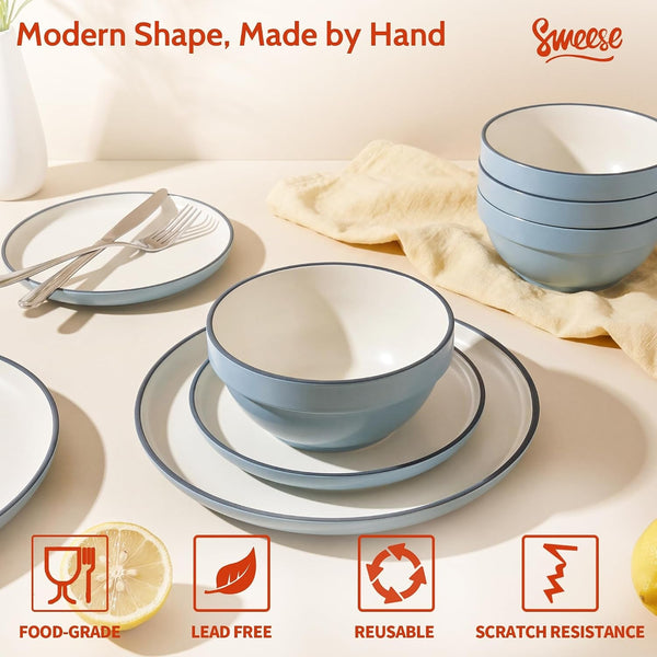 Porcelain Dinnerware Set for 6, 18 Pieces Kitchen Plates and Bowls Sets, Microwave Oven Dishwasher Safe Dish Set, Chip Scratch Resistant Reinforced Protective Rim Dishware Dinner Set, Blue3