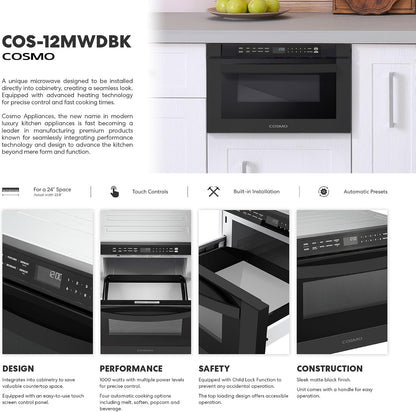 24 In. Haven Collection 1.2 Cu. Ft. Built-In Microwave Drawer, Matte Black |  COS-12MWDBK Touch Controls, 11 Power Levels, 1000W, Child Lock Function, Defrost Functions, Automatic Presets3