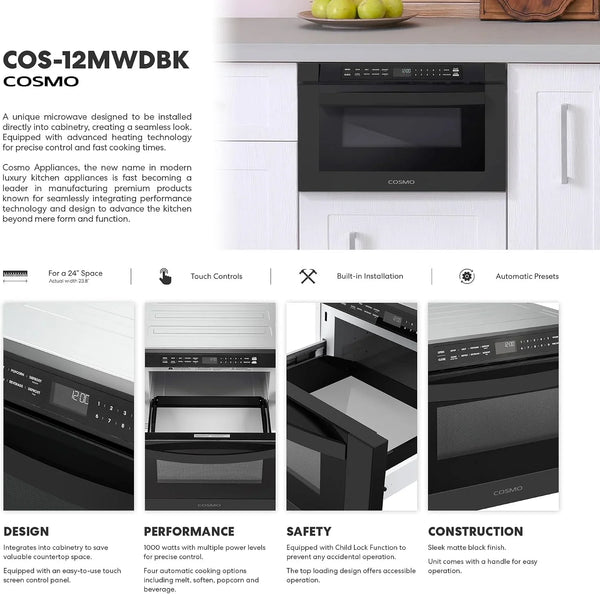 24 In. Haven Collection 1.2 Cu. Ft. Built-In Microwave Drawer, Matte Black |  COS-12MWDBK Touch Controls, 11 Power Levels, 1000W, Child Lock Function, Defrost Functions, Automatic Presets3