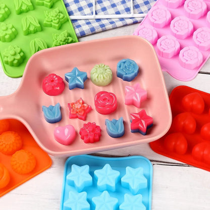 Flower Shape Chocolate Candy Molds Set,Heart,The Stars,The Rose,Flowers in Combination,15 Cavity Silicone Baking Mold Ice Cube Tray-Wedding,Festival,Parties and DIY Crafts-(6Pcs)6