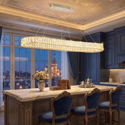 Modern Crystal Chandelier Dimmable LED Long Chandeliers for Dining Table Pendant Lights Rectangular Glam Lighting Fixtures for Dining Room Kitchen Island Silver3