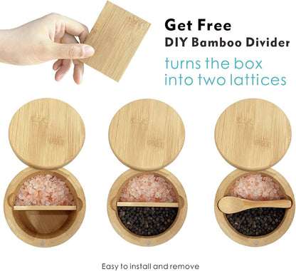 Salt Cellar with Lid, Bamboo Salt Container for Countertop | Salt Box with Built-In Spoon and Divider, Luminous SALT Label Holder, 13Oz Kitchen Salt Bowl for Sea Salt Pepper and Spice3