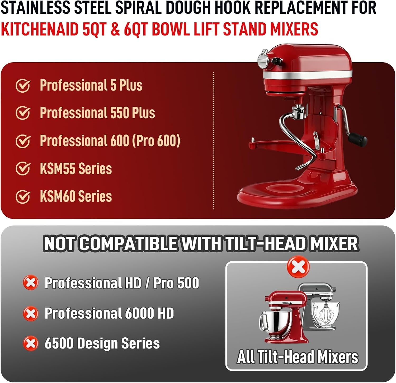 stainless-steel-spiral-dough-hook-replacement-for-kitchenaid-6-qt-bowl-lift-stand-mixer-fits-professional-600-epicurean-kp26m1x-heavy-duty-bread-dough-attachment-dishwasher-safe