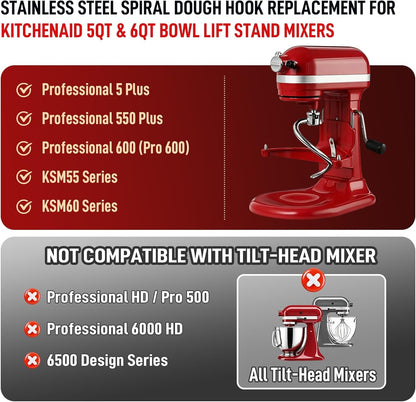 Stainless Steel Spiral Dough Hook Replacement for Kitchenaid 6 Qt Bowl-Lift Stand Mixer, Fits Professional 600, Epicurean, KP26M1X, Heavy Duty Bread Dough Attachment, Dishwasher Safe2