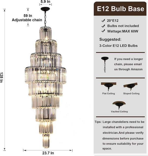 Staircase Chandelier Large for High Ceiling Foyer Black 23.7"Dia 20 Lights2