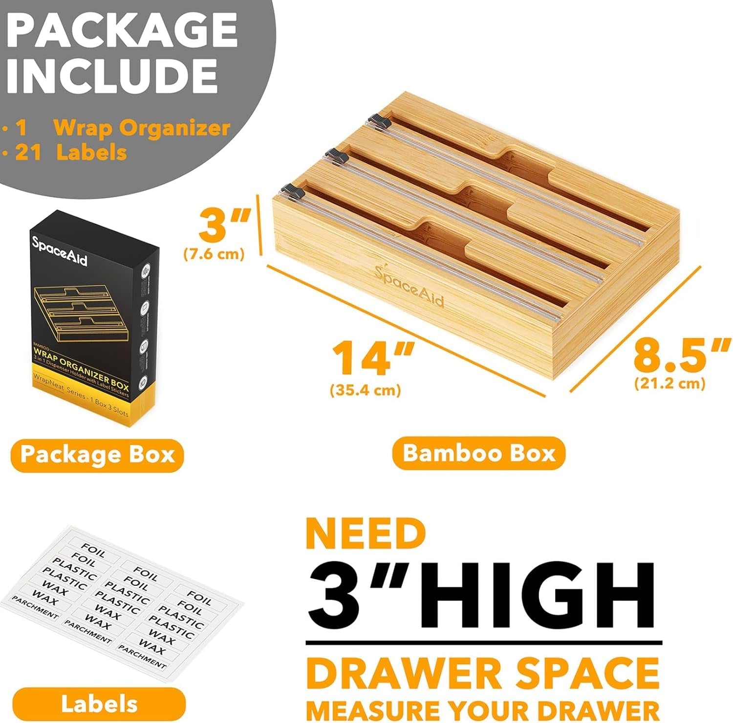 wrapneat-3-in-1-wrap-organizer-with-cutter-and-labels-plastic-wrap-aluminum-foil-and-wax-bamboo-dispenser-for-kitchen-storage-organization-holder-for-12-roll-natural