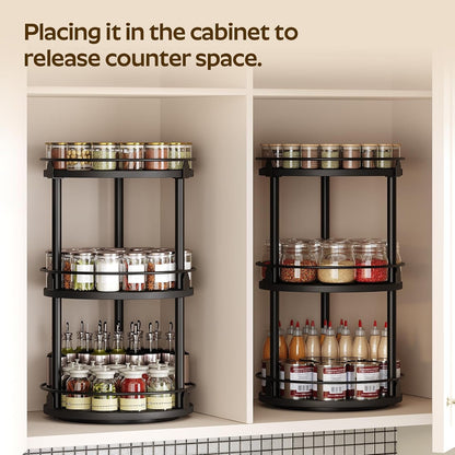 3-Tier Lazy Susan Organizer, Rotating Spice Rack, Spinning Organizer, Industrial Turntable Spice Rack Organizer for Cabinet, Kitchen Countertop, Pantry, Black SR23BK3