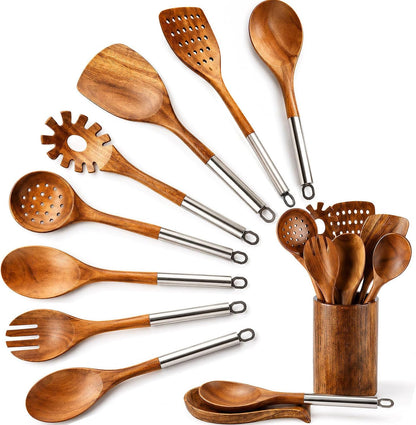 10PCS Teak Wooden Utensils Set with Holder & Spoon Rest, Stainless Handle1