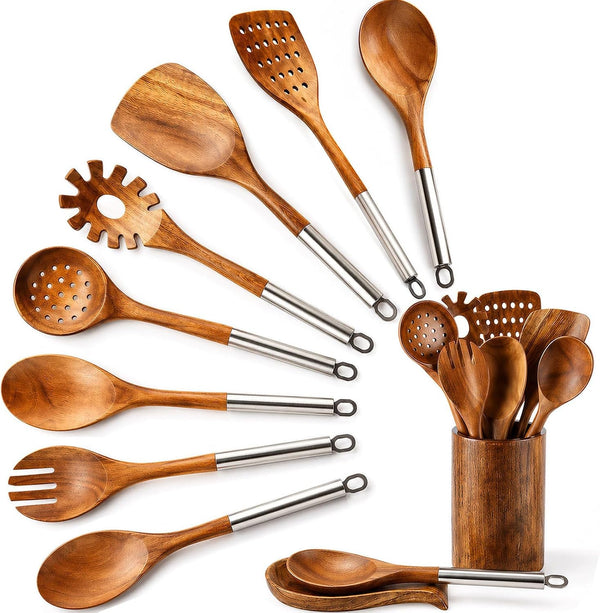 10PCS Teak Wooden Utensils Set with Holder & Spoon Rest, Stainless Handle1