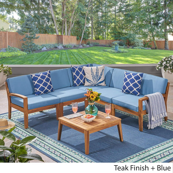 Great Deal Furniture Noble House Grenada Outdoor Acacia Wood 5 Seater Sectional Sofa Set Teak/Blue3