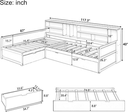 Twin Wooden L-Shaped Daybed with Trundle and Storage Drawer, Natural2