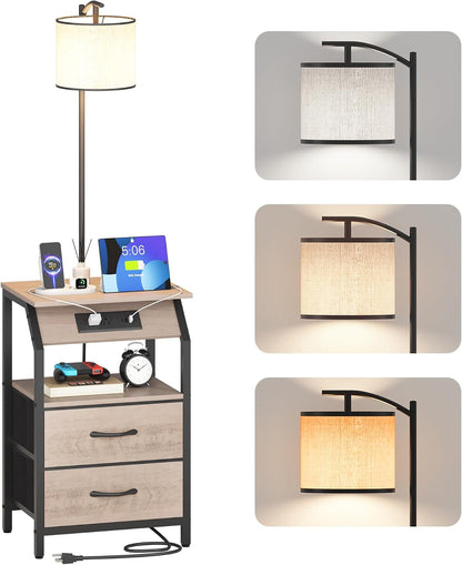 End Table with Floor Lamp, Nightstand with Charging Station, Floor Lamp Table with 3-Color Temperature Bulb, Bedside Table Night Stand with 2 Drawers for Bedroom, Living Room, Greige1