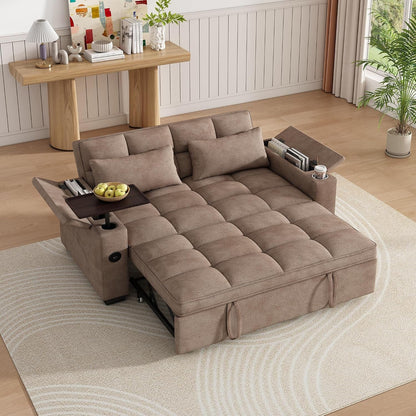 65" 3-In-1 Pull-Out Sofa Bed, Compact Convertible Sleeper Couch with Rotating Side Table, USB Charging Ports, Storage Armrests & Adjustable Comfort for Guests & Small Living Rooms1