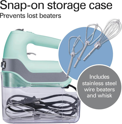 5-Speed Electric Hand Mixer with Snap-On Storage Case, Quickburst, Stainless Steel Twisted Wire Beaters and Whisk, Mint (62658) | High-Performance DC Motor | Slow Start | Snap-On Storage Case | Stainless Steel Beaters & Whisk | Mint | 626584