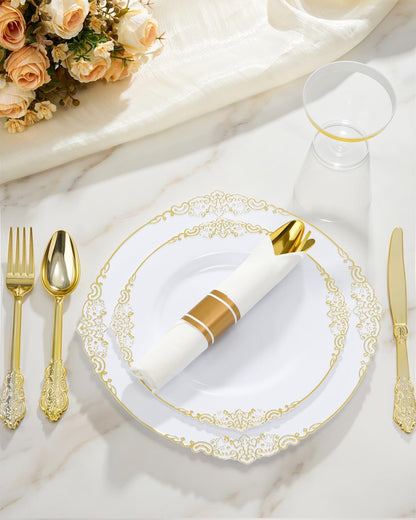 350 Piece Gold Plastic Dinnerware Set for 50 Guests3
