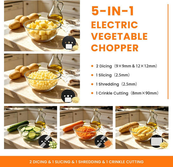5 in 1 Electric Vegetable Chopper, 2 Food Inlets with Container | Commercial Food Processor, Multifunctional Shredder Slicer Dicer Crinkle Cutter Machine, for Potato Onion Carrot, 110V3
