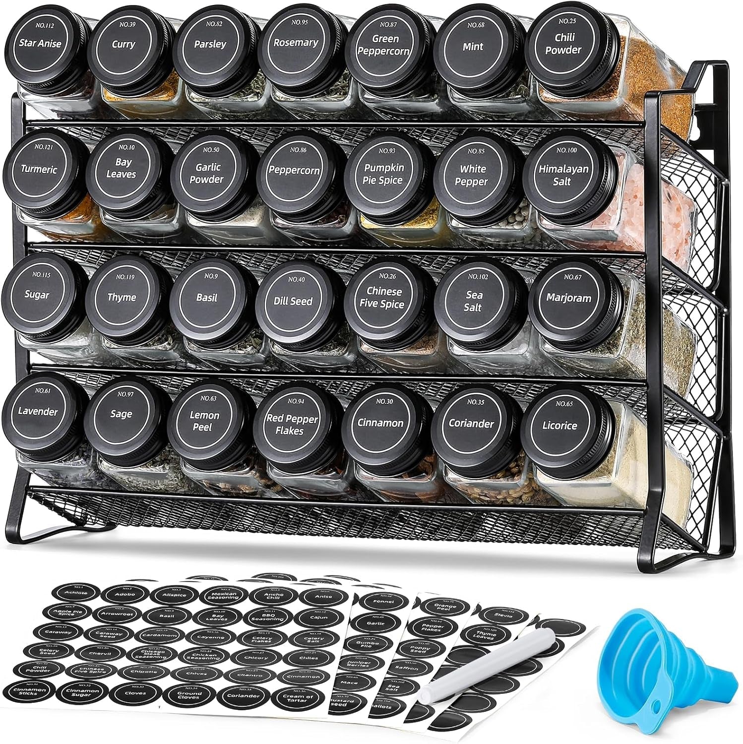 spice-rack-organizer-for-cabinet-spice-organizer-with-28-empty-spice-jars-with-black-lids-funnel-spice-labels-seasoning-organizer-for-countertop-cabinet-kitchen-pantry-cupboard