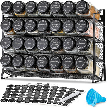 Spice Rack Organizer for Cabinet, Spice Organizer with 28 Empty Spice Jars with Black Lids, Funnel, Spice Labels, Seasoning Organizer for Countertop, Cabinet, Kitchen, Pantry, Cupboard1