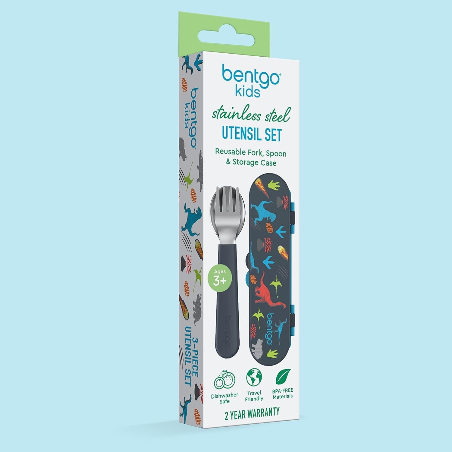 bentgo-kids-stainless-steel-utensil-set-with-fork-spoon-storage-case-reusable-pfas-bpa-free-easy-grip-handles-lightweight-dishwasher-safe-school-lunch-travel-outdoors-dinosaur