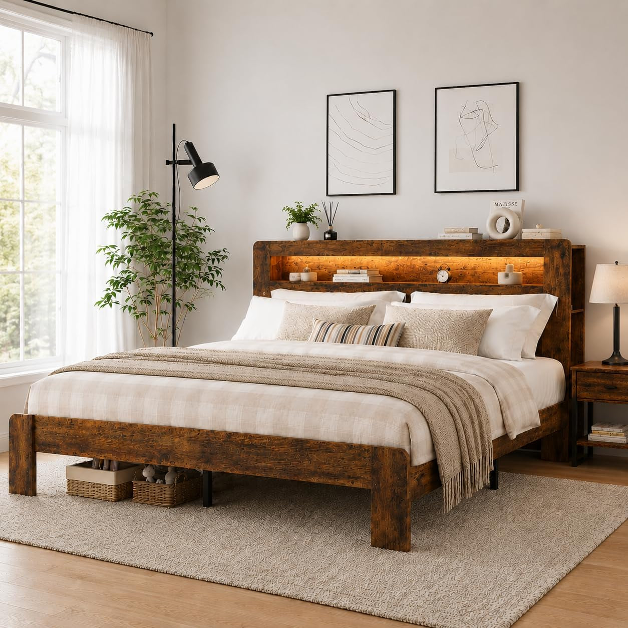 wooden-bed-frame-queen-size-with-storage-headboard-bookcase-shelf
