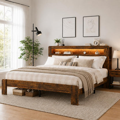 Wooden Bed Frame Queen Size with Storage Headboard, Bookcase Shelf1