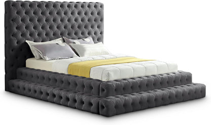 Meridian Furniture Revelgrey-Q Revel Collection Modern | Contemporary Grey Velvet Upholstered Bed with Deep Button Tufting, 85" W X 98" D X 60" H, Grey, Queen1