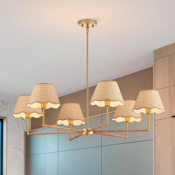 39” Boho Rattan Chandelier 6-Lights Rustic Industrial Pendant Light Large Adjustable Pendant Lighting Fixtures for Kitchen Island Dining Living Room, UL Listed1