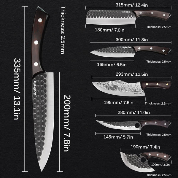 6PCS Kitchen Knife Set Kitchen High Carbon Steel Hand Forged Sharp Chef Knives All Purpose for Home and Outdoor Cooking Non Stick Hammer Finish Ergonomic Wood Handle with Leather Sheath - Black3