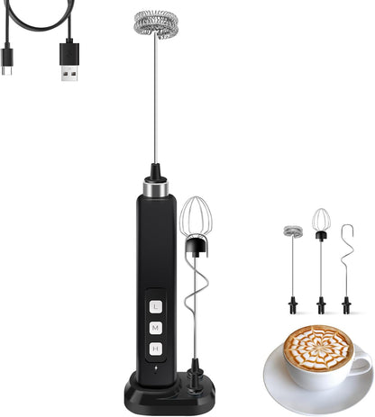 Rechargeable Milk Frother Handheld with 3 Detachable Stainless Whisks, 3 Speed Adjustable Drink Mixer, Mini Frother Wand for Coffee, Matcha, Protein Shakes, with Charging Base and Whisk Storage1