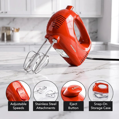 5-Speed Electric Hand Mixer with Storage Case,150W, Red HM151R | Stainless Steel Whisks, Compact Portable Design, Lightweight Handheld Mixer for Baking & Cooking2