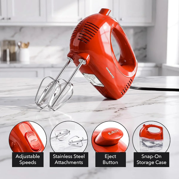 5-Speed Electric Hand Mixer with Storage Case,150W, Red HM151R | Stainless Steel Whisks, Compact Portable Design, Lightweight Handheld Mixer for Baking & Cooking2