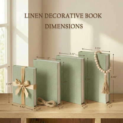 Decorative Books for Home Decor-Set of 4 Real Linen Decorative Books, Stacked Books with Wood Bead Garland, Jute Twine & Satin Ribbon, Neutral Modern Farmhouse & Boho Shelf Decor (Sage)2