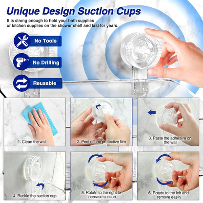 Clear Shower Caddy Suction Cup Shelf Organizer with Hooks Removable Shower Basket Light Luxury Style Punch-Free Dorm Wall Storage Rack for Kitchen Bathroom Set of 32