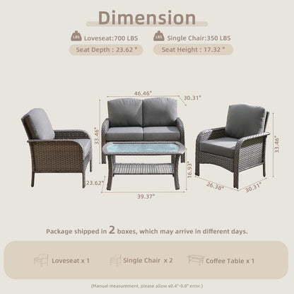 4-Piece Wicker Patio Furniture Set, All-Weather Rattan Conversation Bistro Loveseat Chair and Table Set for Backyard, Balcony and Deck with Soft Cushions and Metal Table(Dark Gray)7
