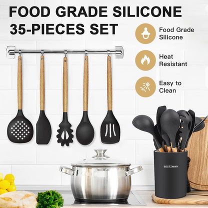 Cooking Utensils Set- 35 Pcs Kitchen Utensils with Grater,Tongs, Spoon Spatula &Turner Made of Heat Resistant Food Grade Silicone and Wooden Handles Kitchen Gadgets Tools Set for Nonstick Cookware3